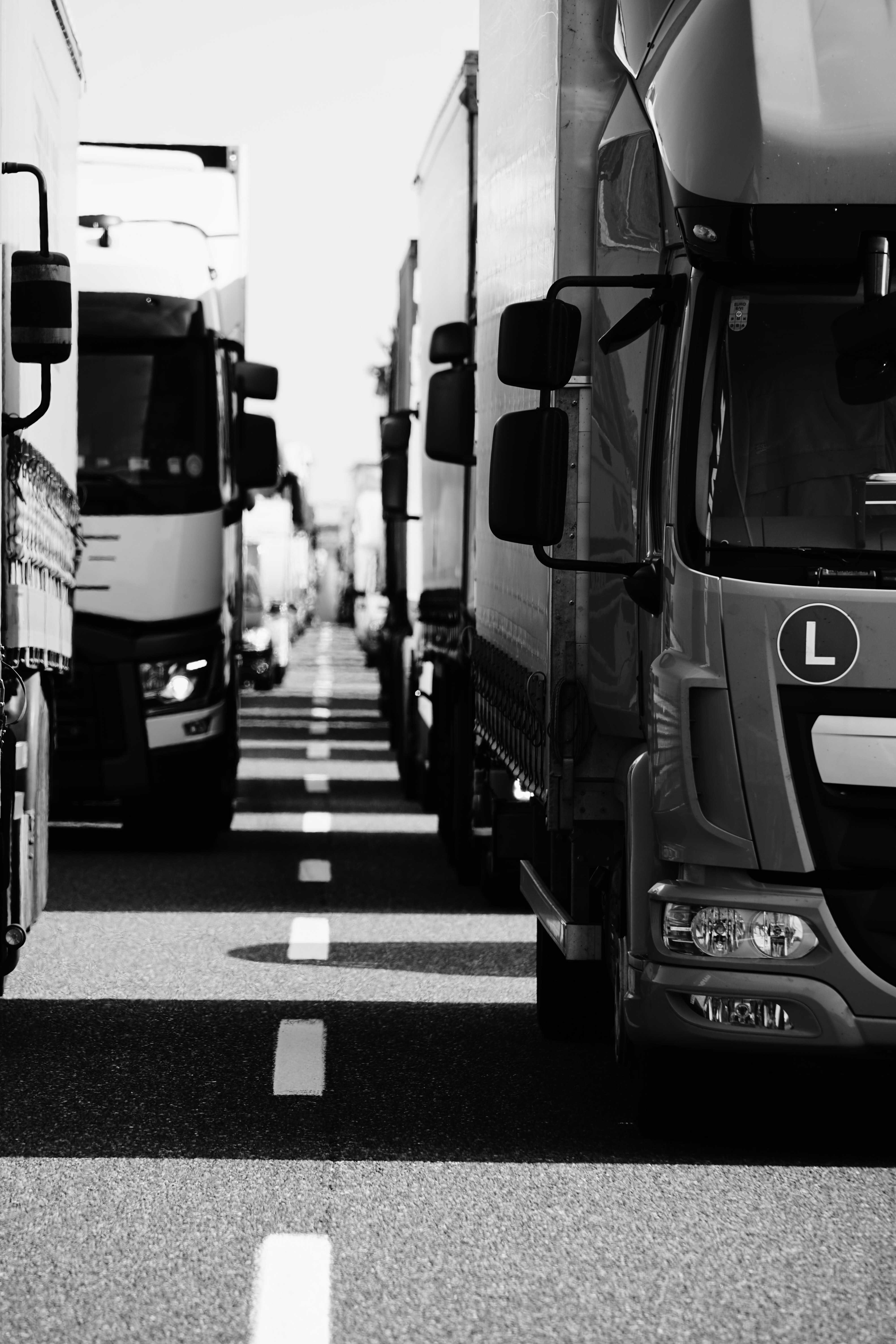 Lorries lined up on either side of the road with a visible L plate