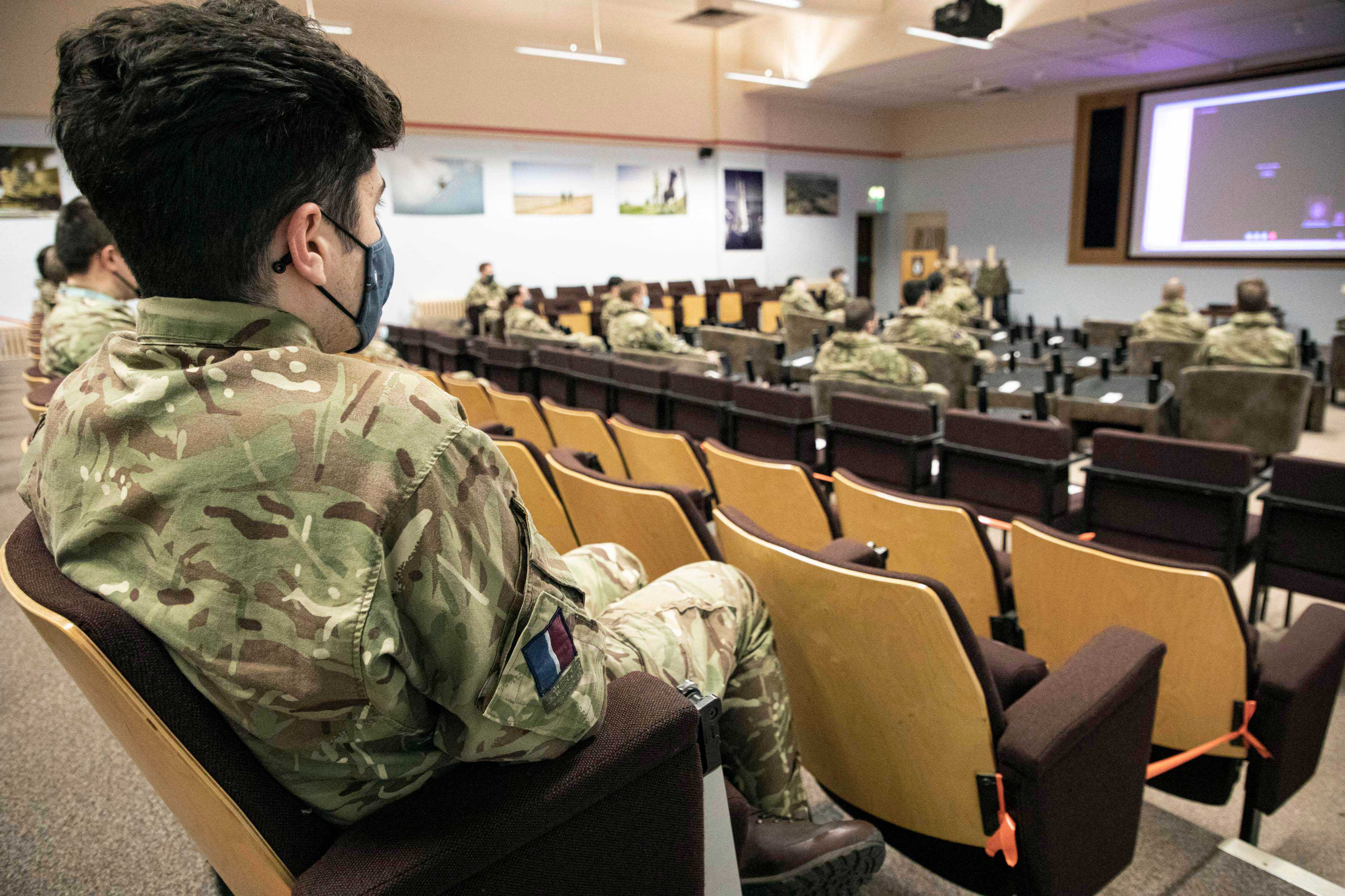 Pictured are Royal Air Force Personnel at RAF Coningsby, taking part in a virtual training environment ready to support Op RESCRIPT MACA taskings. Training was delivered using a mix of online training videos and live skype meetings. Training took place at RAF Coningsby and was delivered by Regular and Reserve personnel.